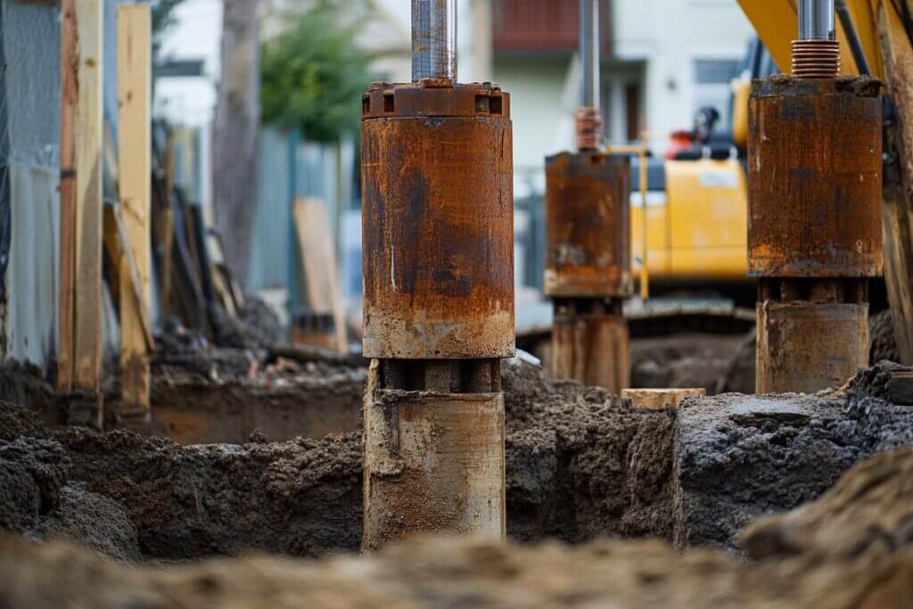 Drilled shaft foundation being placed into the ground 