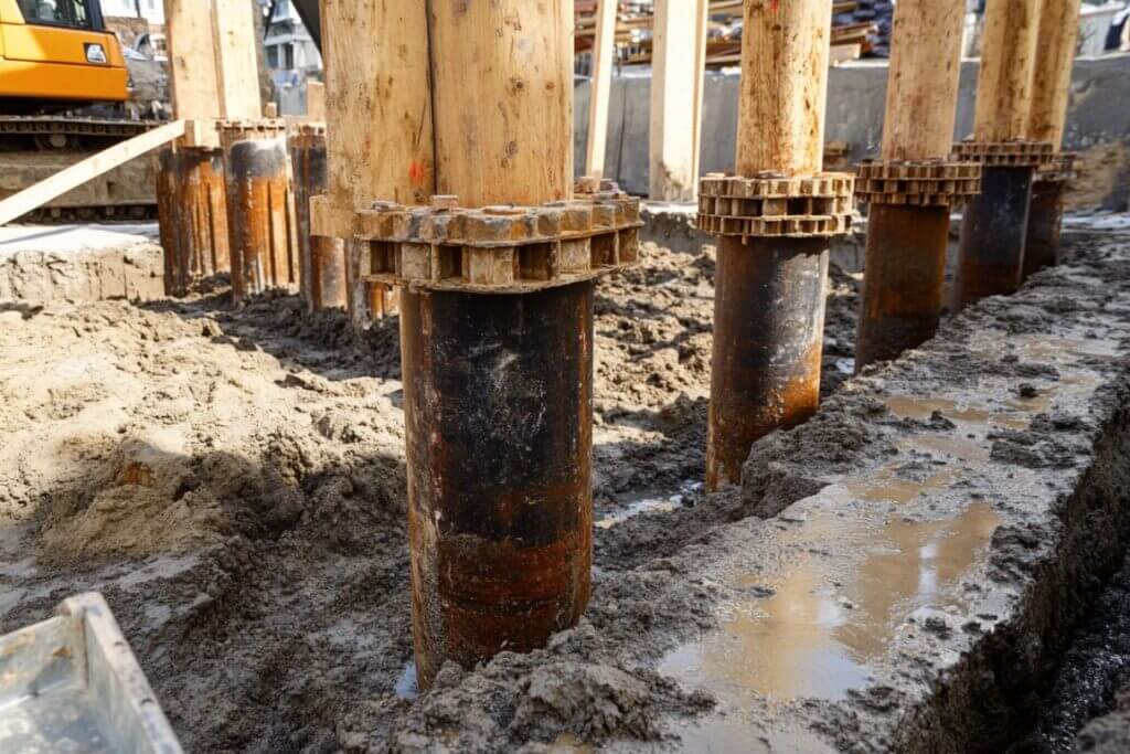 Metal pipe pile foundations during the construction of home