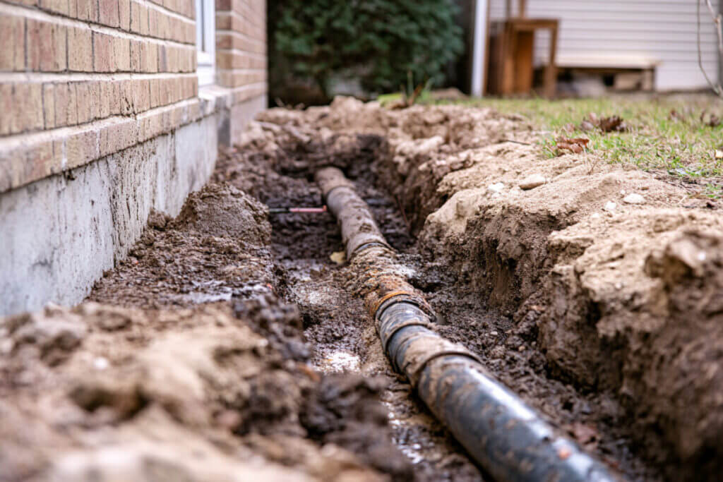 Image of a dug-out sewer line running along the foundation of a home