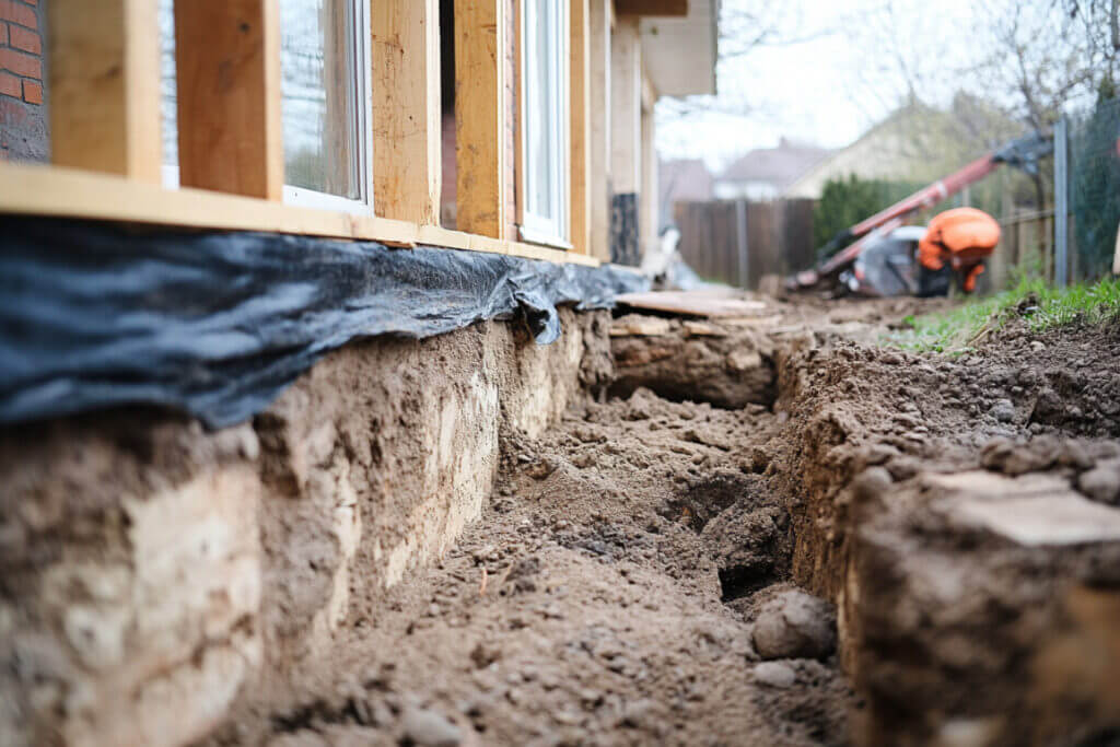 An image of the perimeter of a home dug out while undergoing foundation repair