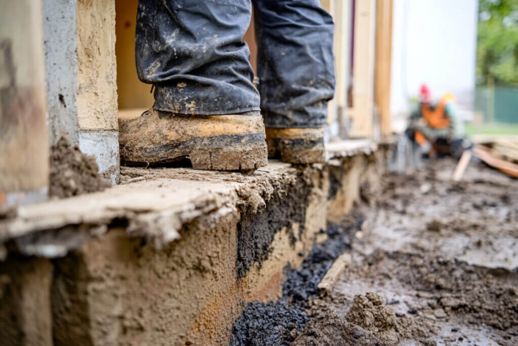Close-up image of work boots by a muddy foundation during repair