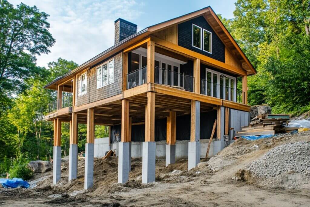 A home under construction with pier beam foundation