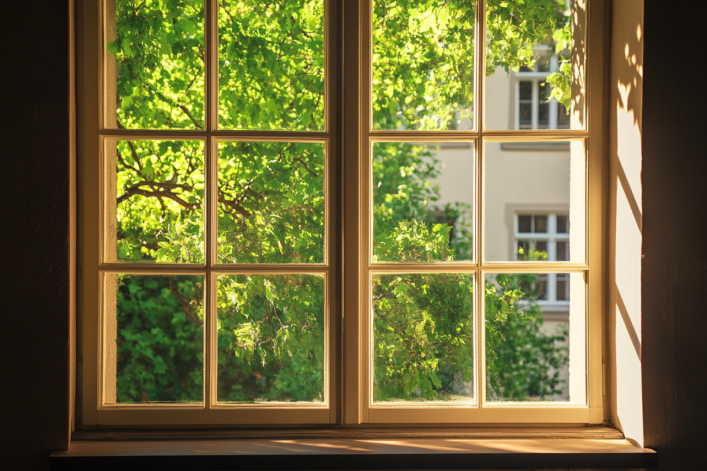 a pexiglass window with a tree in front of it on a sunny day