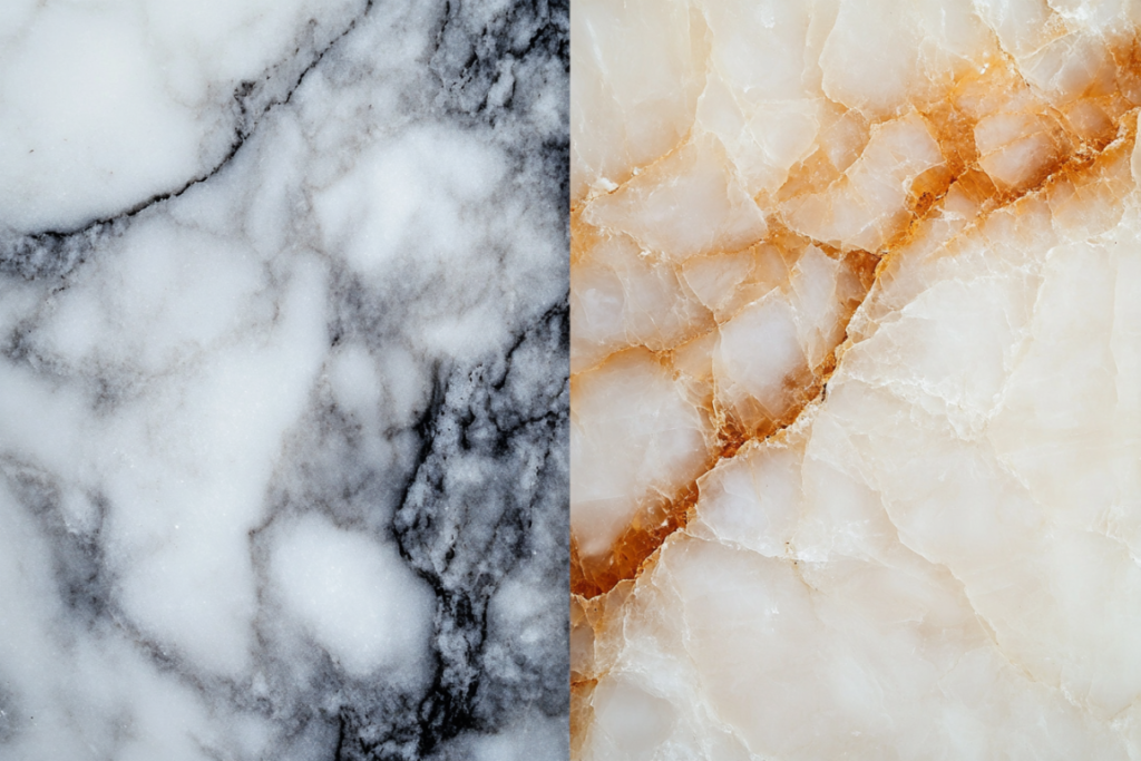 a side by side of swatches comparing quartz and marble 