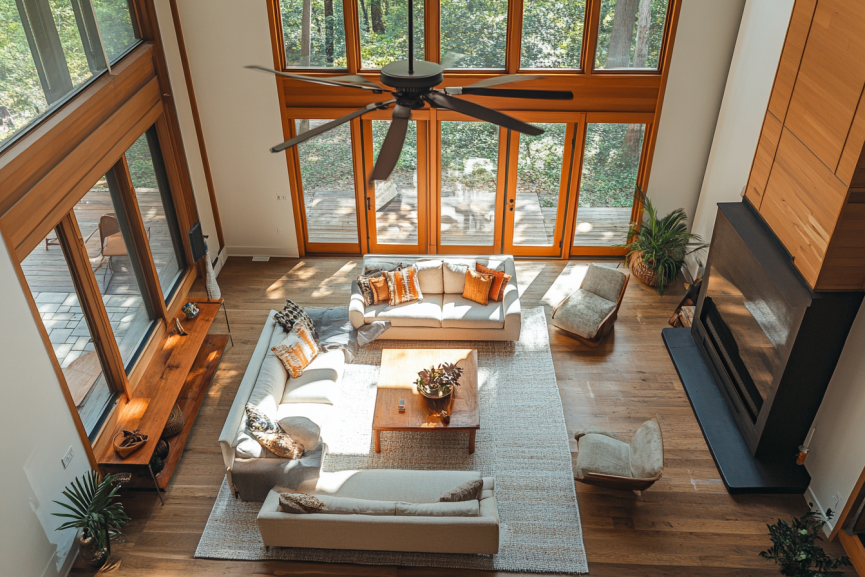 an overview of a large living room with floor to ceiling windows on a sunny day with a whole house fan in the middle 