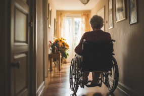 an elderly woman in a wheelchair going down the hallway of her home