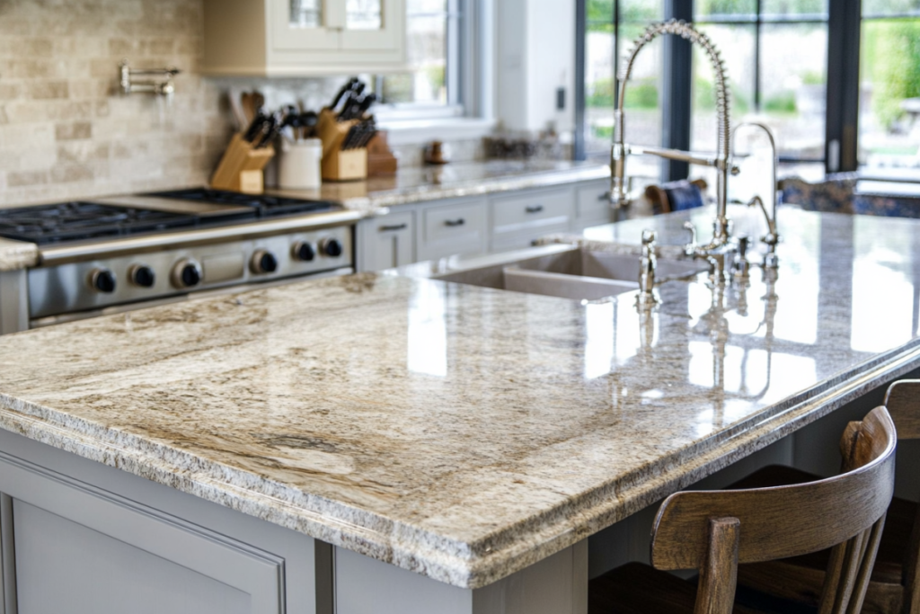 a modern kitchen with granite countertops