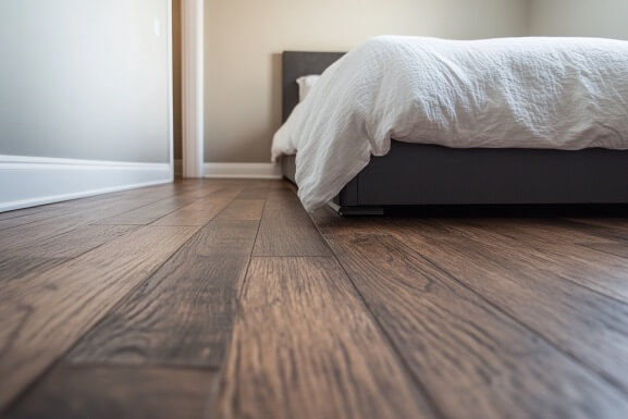 Image of a bedroom with new vinyl plank flooring installed