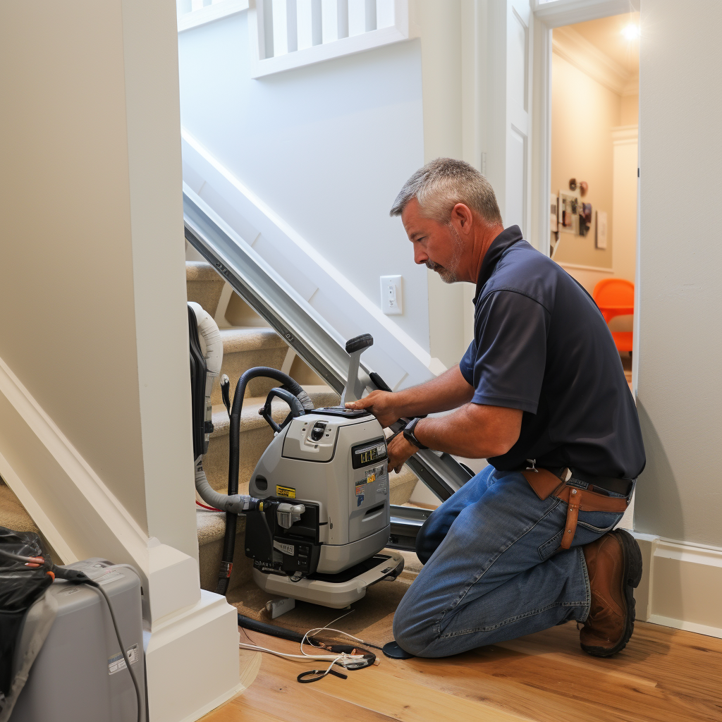 Image of a contractor installing a stairlift onto a straight staircase