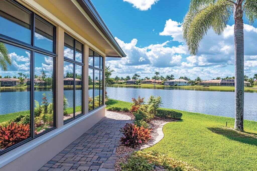 a home in florida along side a lake with a closeup shot of its impact windows