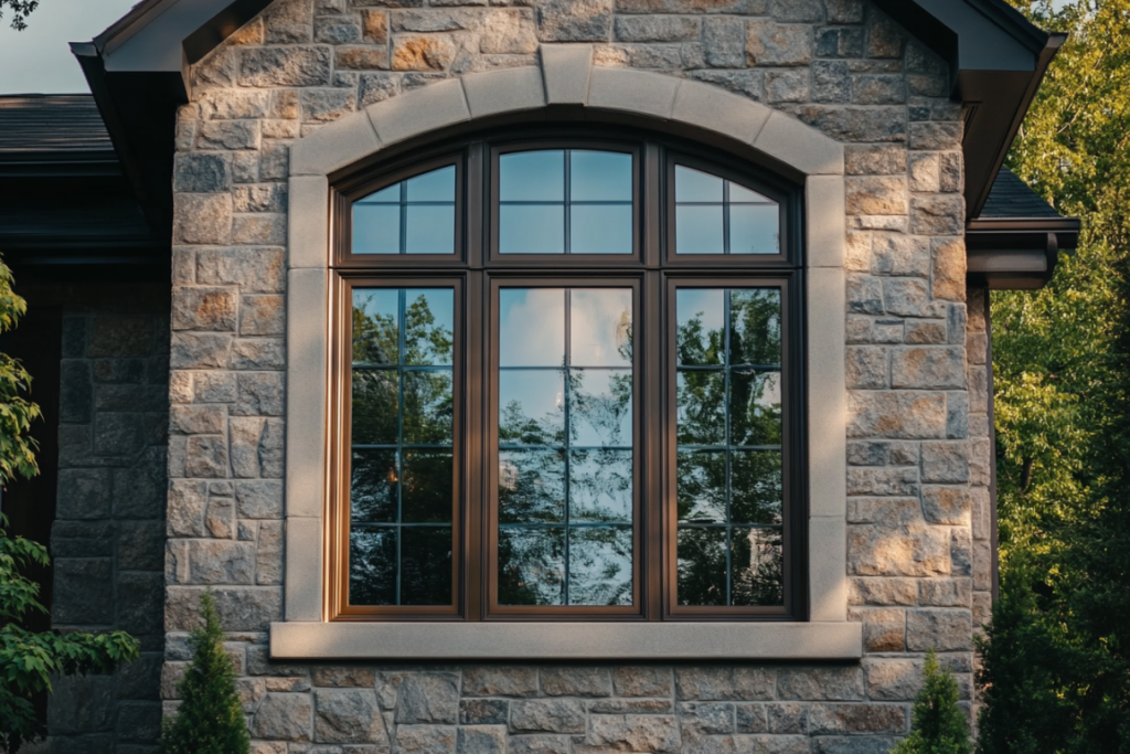 a brick stone home with a composite frame window