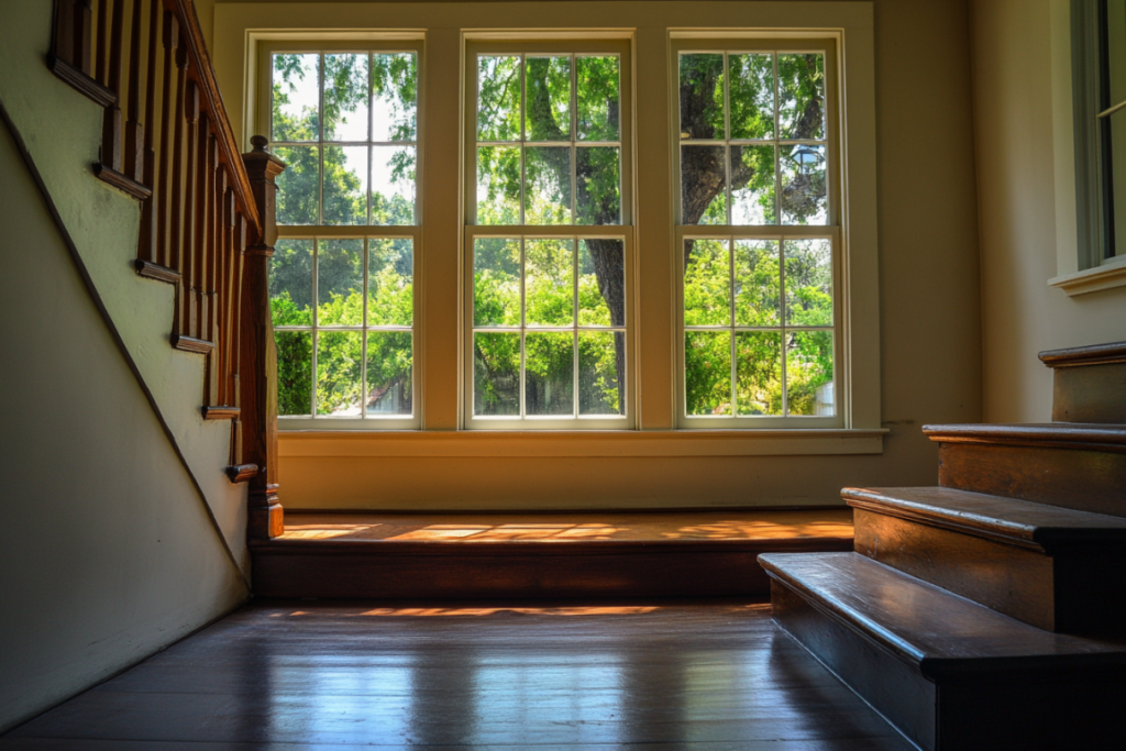 an interior storm window overlooking trees otuside