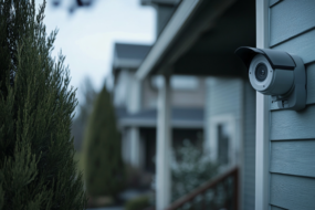 a security camera on the side of a home outside