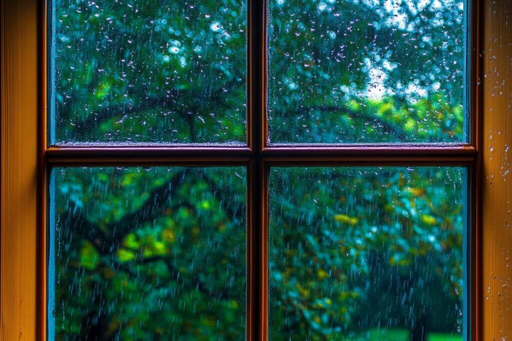 A PGT storm window with rain on the glass