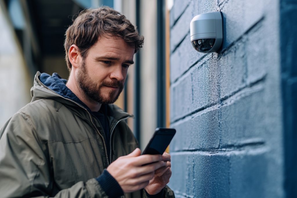 a man looking at his security camera on his phone 