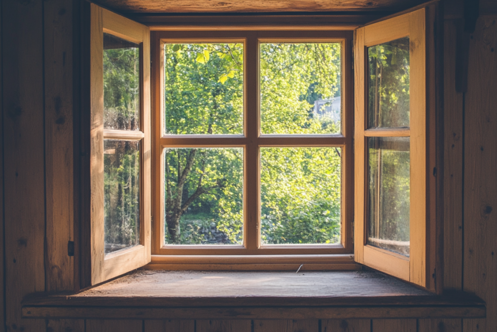 a homes window with wooden sashes overlooking trees outside