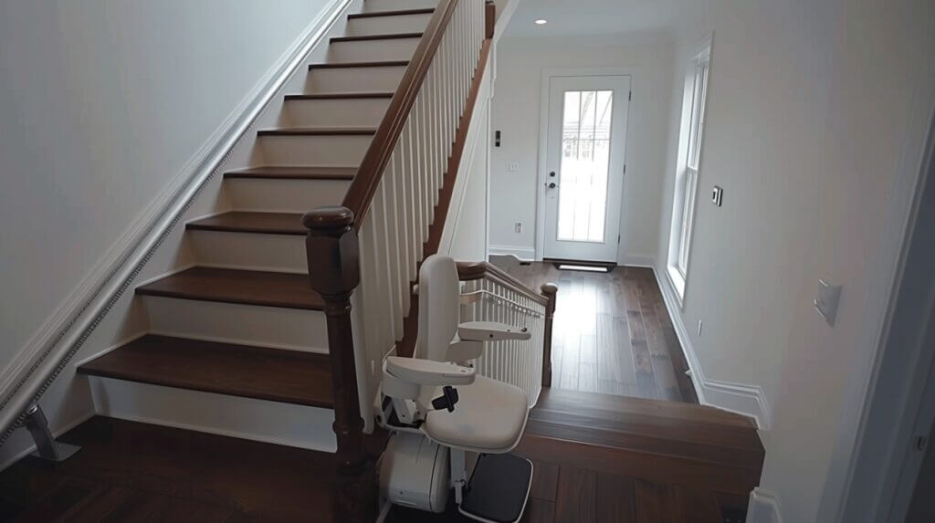 Stairlift installed on the lower section of a split staircase in a white home with wooden stairs