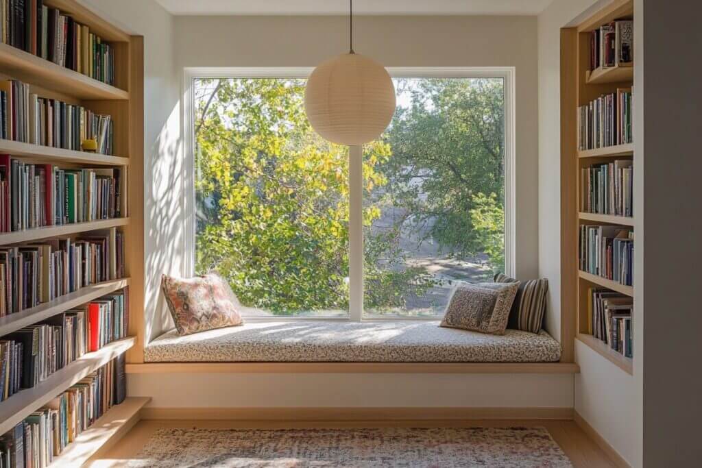 a modern reading nook by a bay window with a lantern light over it with books on shelves around it