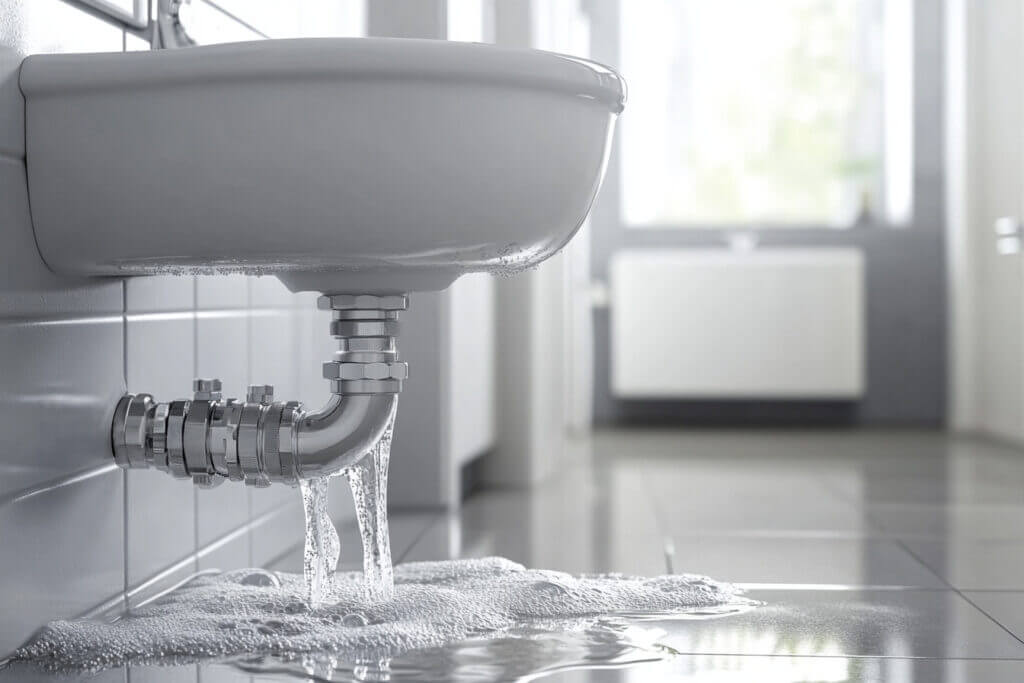 Burst pipe under a water basin leaking and flooding the floor