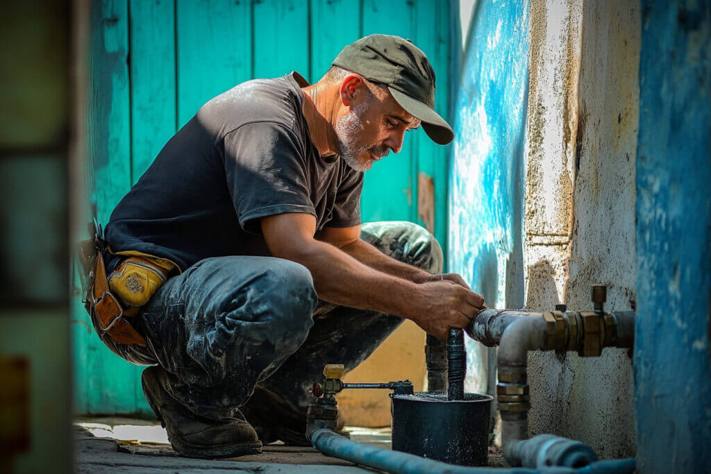 Plumber working on piping outside of a home