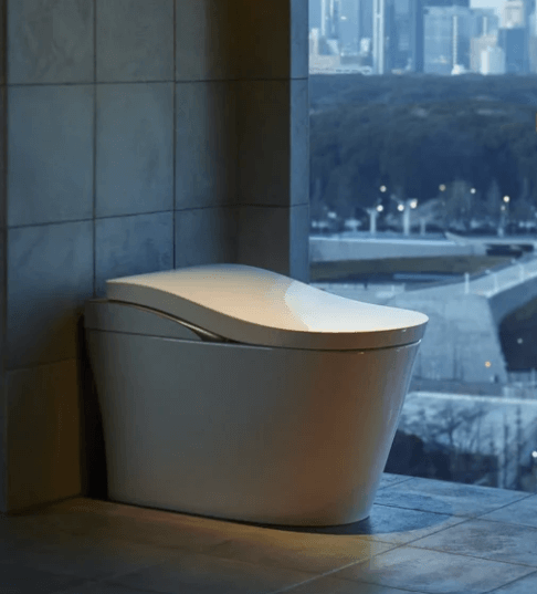 TOTO toilet installed in a high-rise apartment bathroom with tiled surrounds