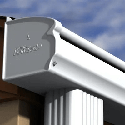 Leafguard logo on an installed gutter system on a home