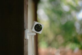 Home security camera mounted in a window