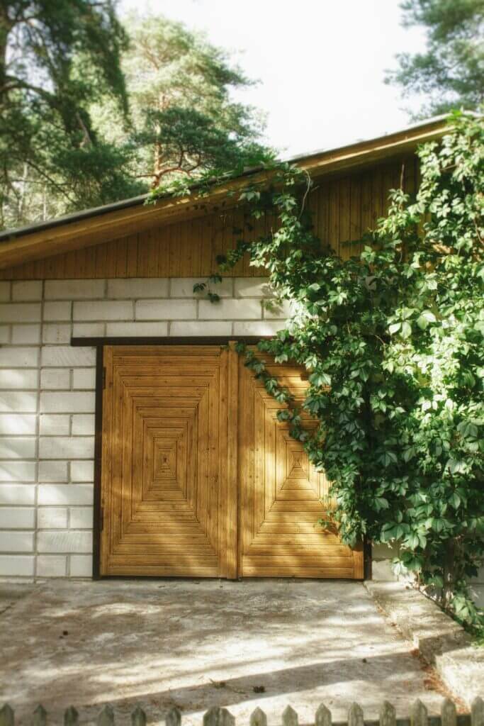 Custom wooden swing-out garage door