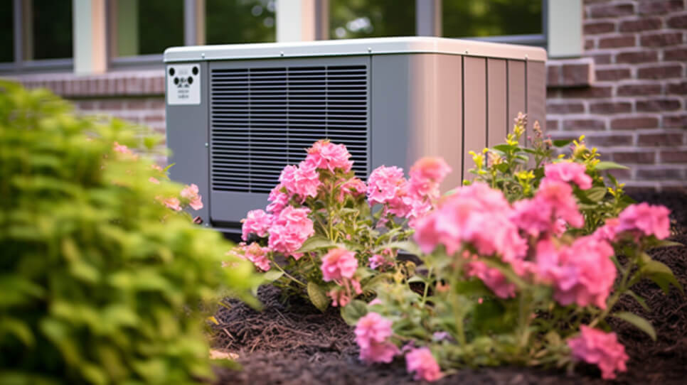 Picture of an HVAC condenser outdoors near pink flowers