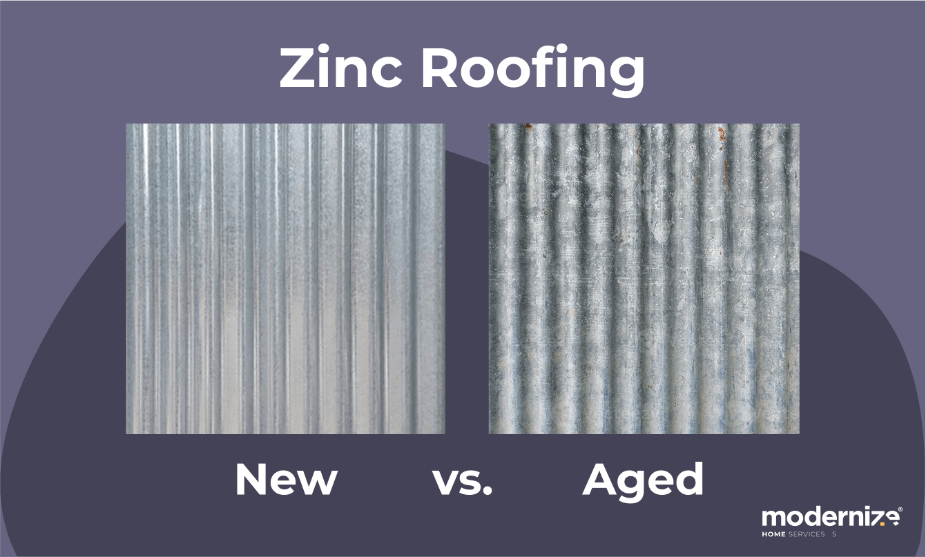 Image showing what new vs aged zinc roofing sheets look like