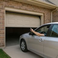 homeowner opening a garage door with a garage door opener from the driveway