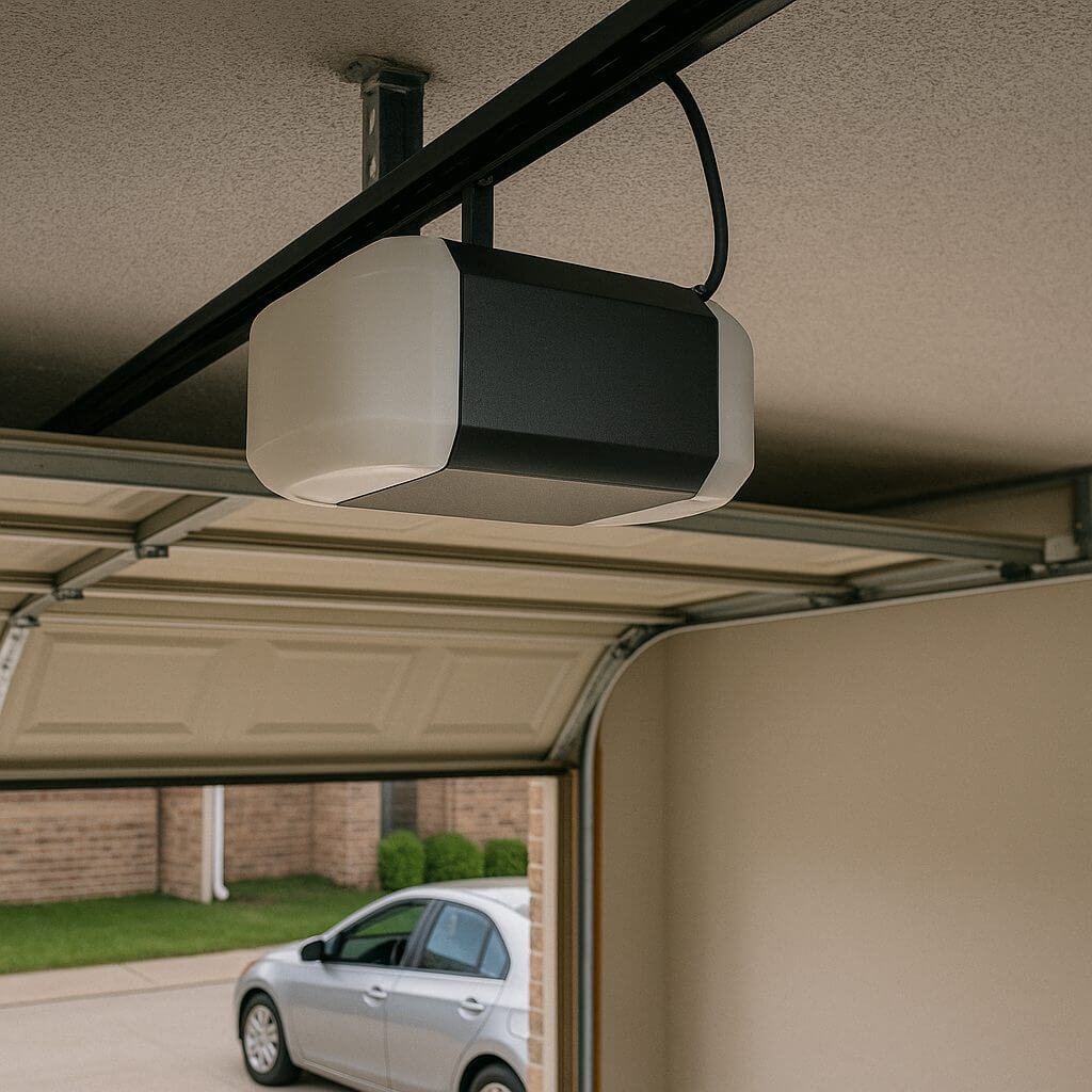 A garage door opener as seen from inside the garage