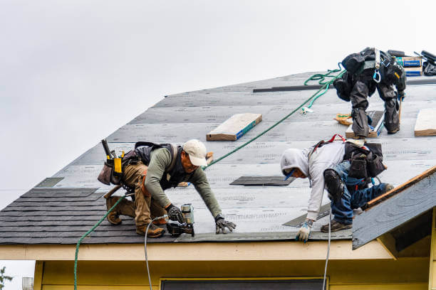 Crew of people installing asphalt shingles