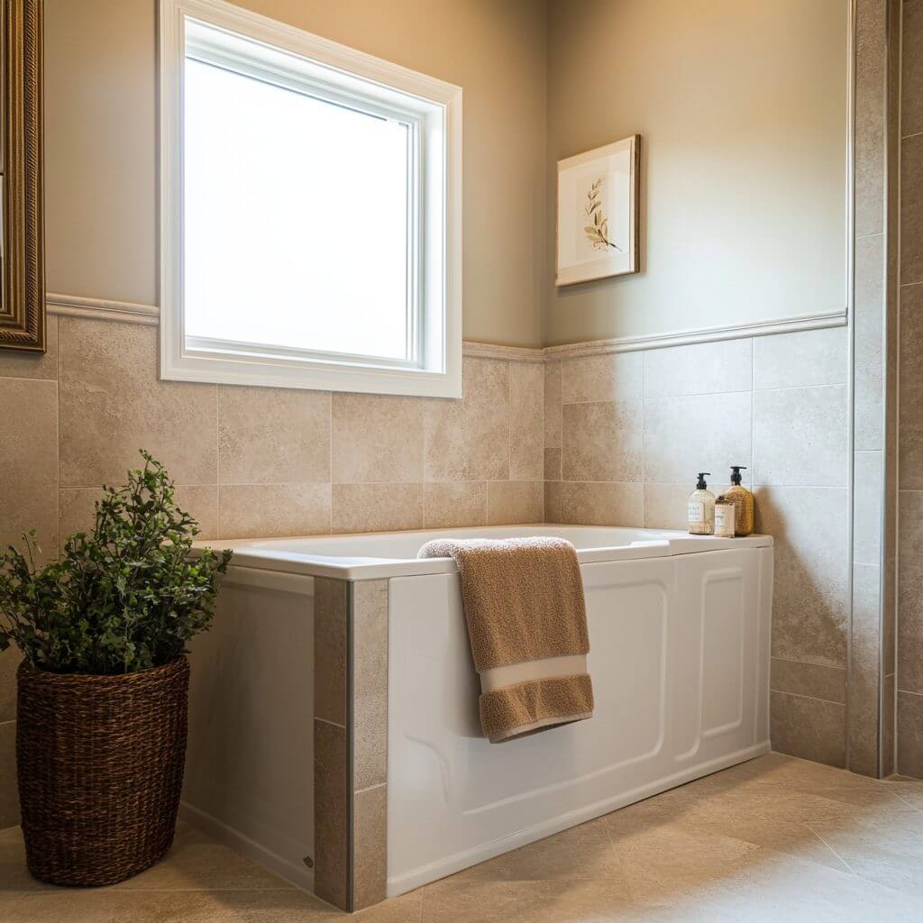 White walk-in tub in a cream bathroom