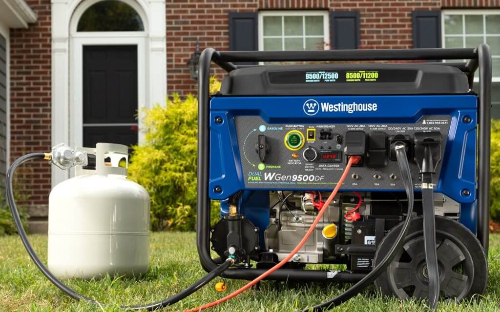 Dual-fuel portable generator connected to a propane tank