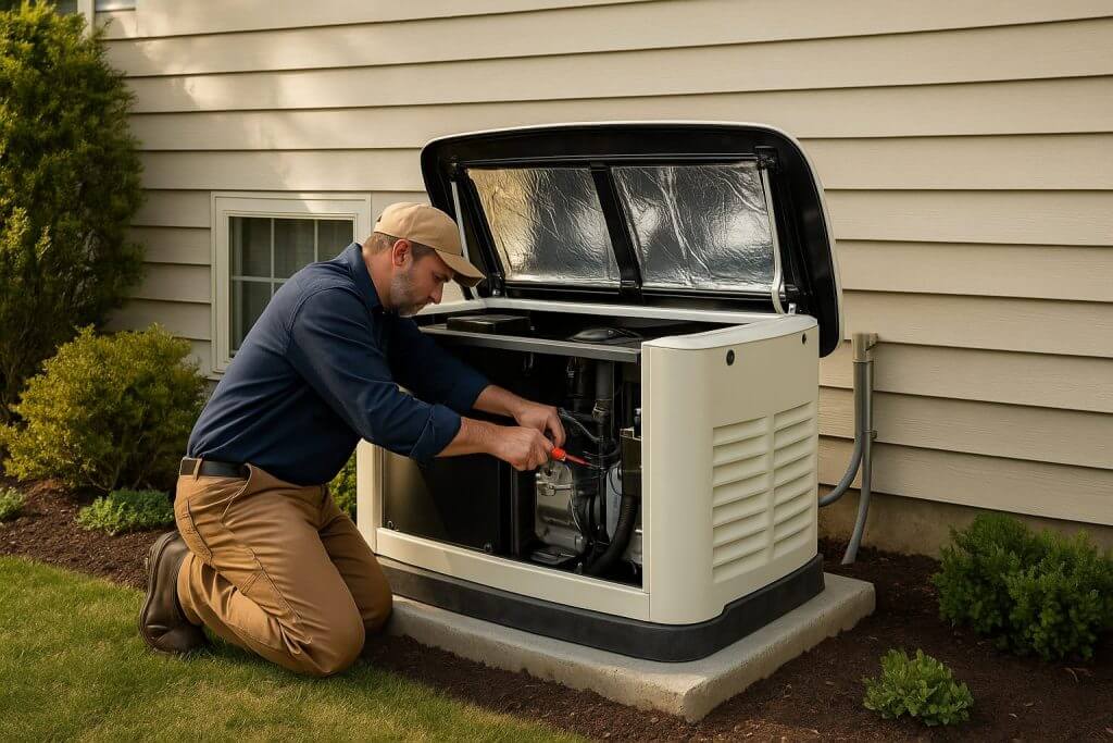 Contractor installing a standby generator