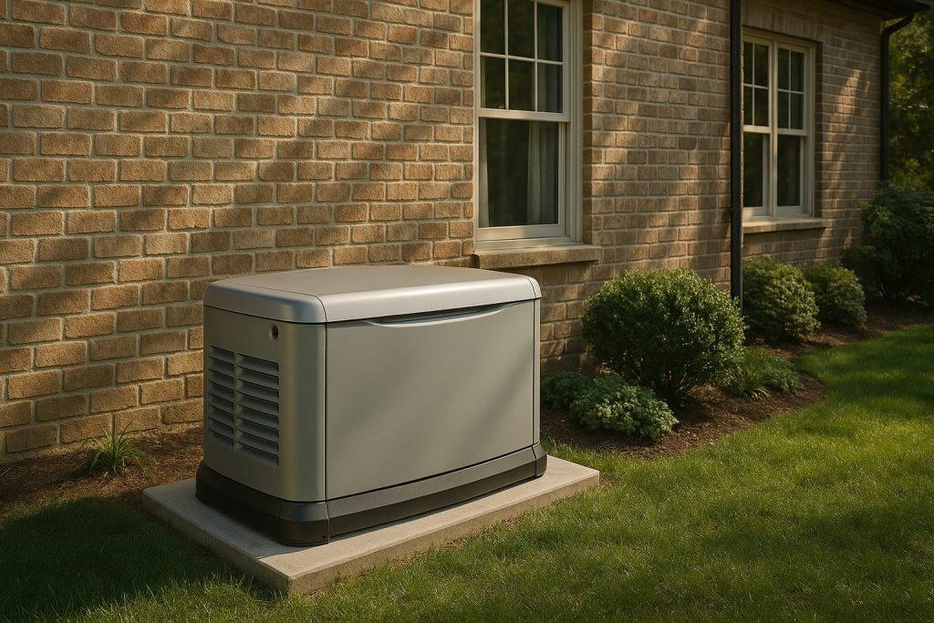 Standby generator installed outside a brick home