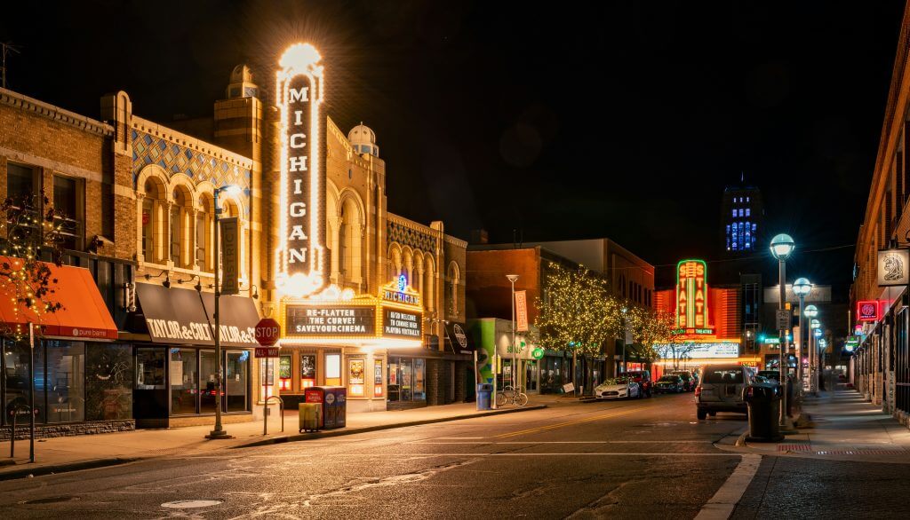 Photo of a street and theater at night in Ann Arbor, MI
