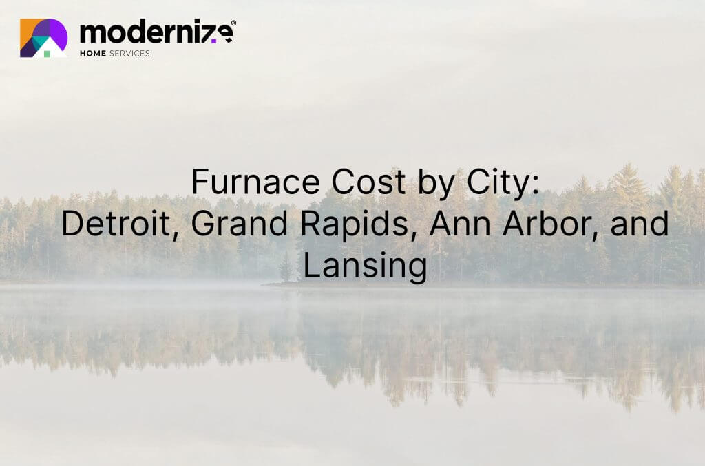 Photo of a lake in MI with mist and the text "Furnace Cost by City: Detroit, Grand Rapids, Ann Arbor, and Lansing" across it