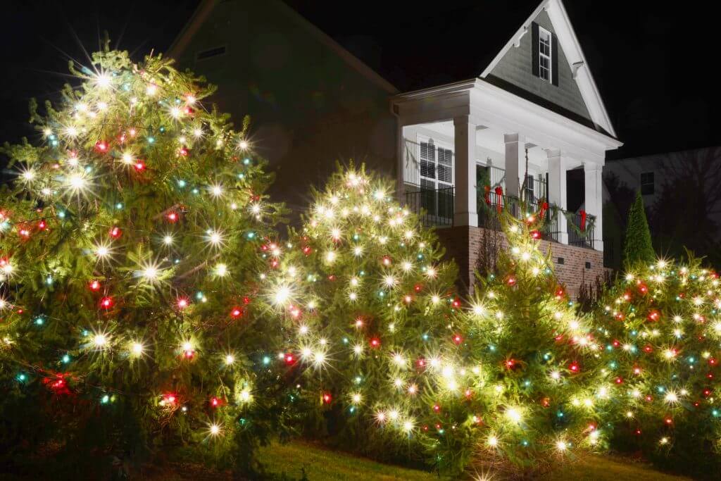 This traditional, Victorian-style, wood-siding home is beautifully and tastefully decorated for the Holiday Season. Four evergreen trees are strung with lights in the front yard. 