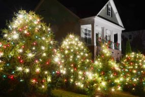 This traditional, Victorian-style, wood-siding home is beautifully and tastefully decorated for the Holiday Season. Four evergreen trees are strung with lights in the front yard.