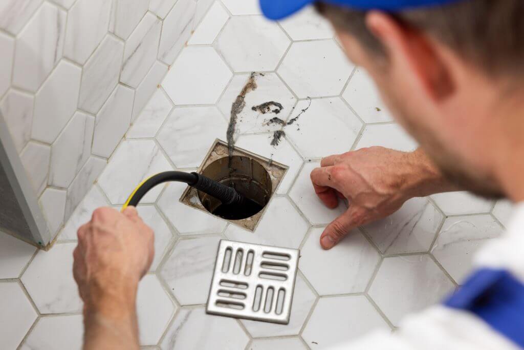 plumber unclogging blocked shower drain with hydro jetting at home bathroom. sewer cleaning service