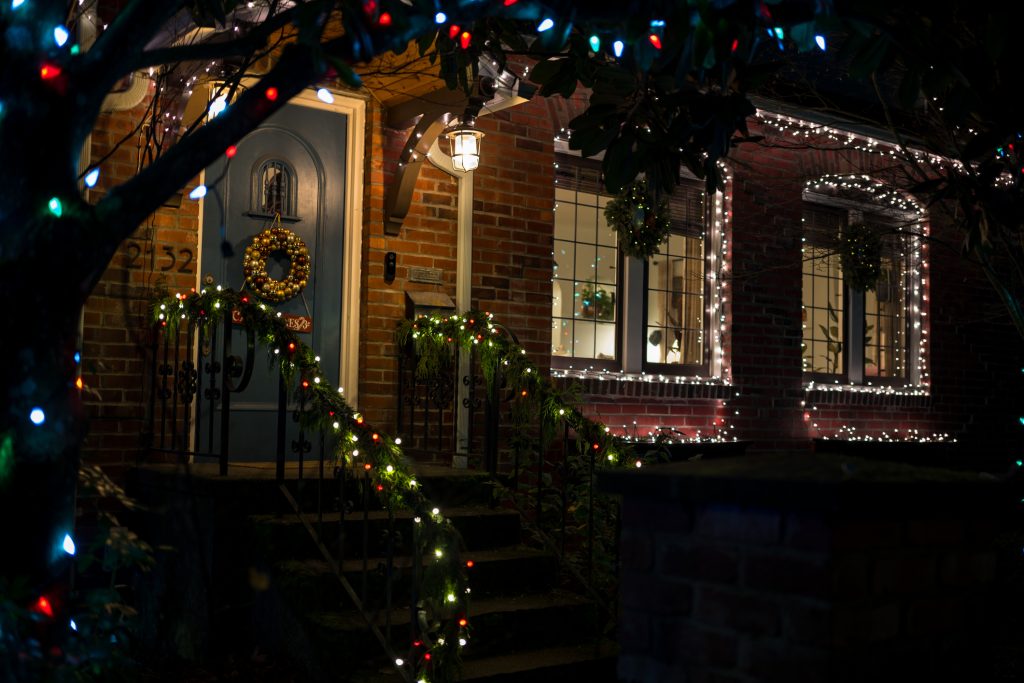 A Seattle home is decorated for Christmas with lights and decor.