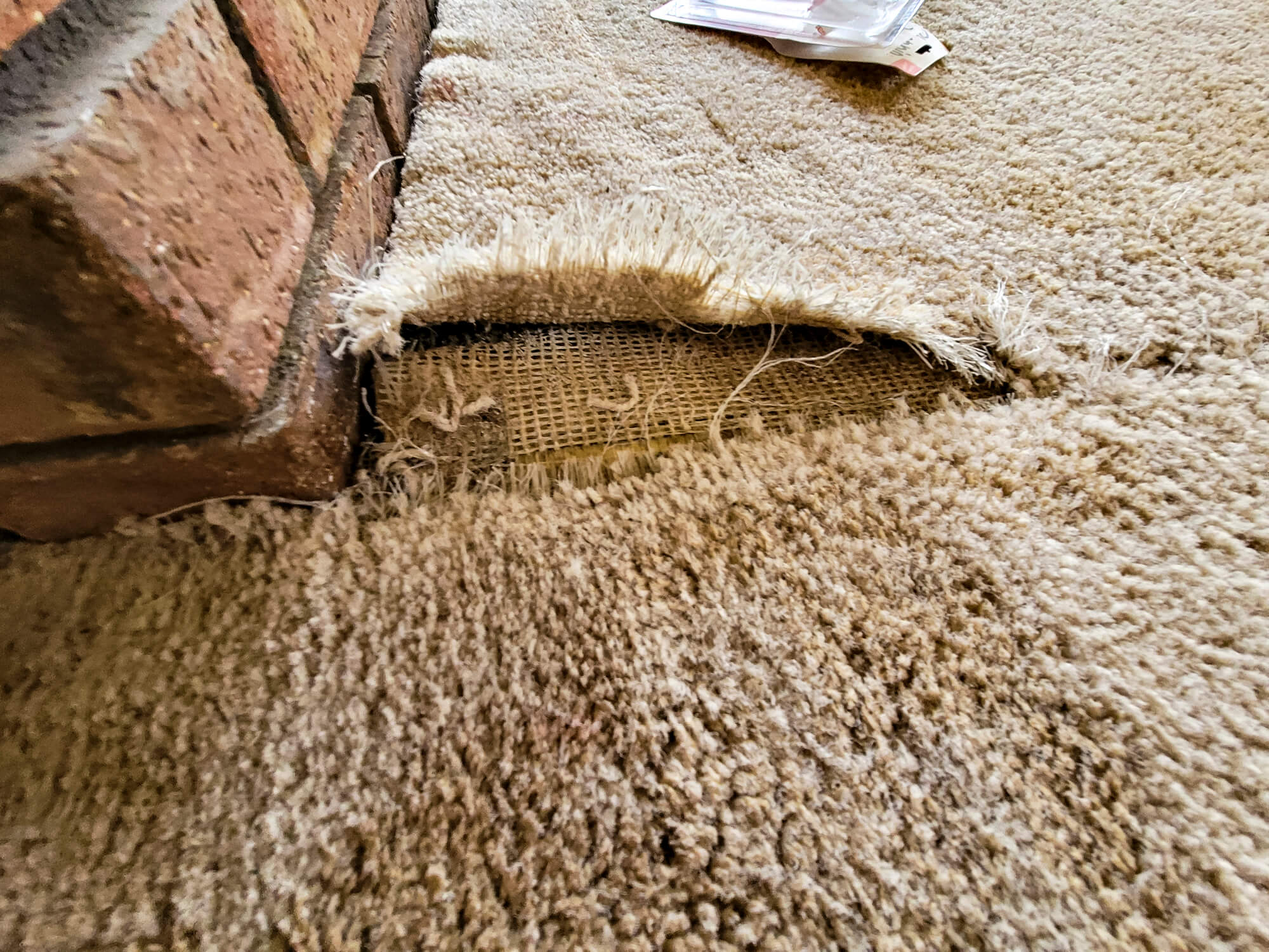 Damaged carpet seam showing delamination of the carpet