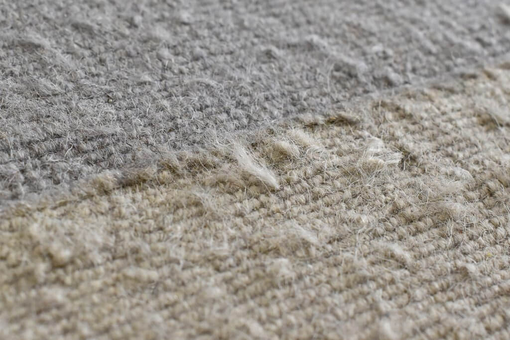 Dirty old rug or carpet with cat scratching, pet hair, human hair and lots of dust on it. Pulled rug threads background. Photo can be used for the concept of how to clean and repair the carpet.