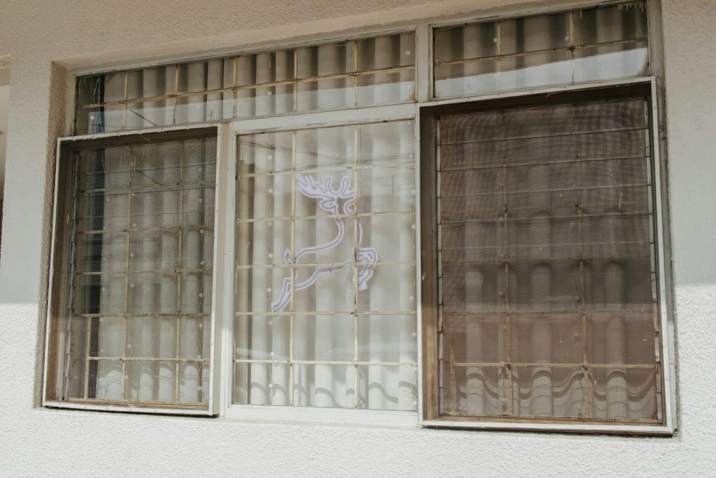 windows with screens from outside a home