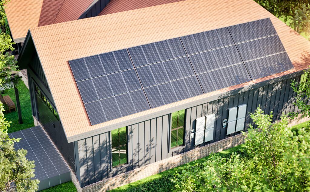 3d rendering battery energy storage system for residential used with solar panel on roof