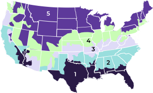 Mod-branded US climate zone map showing zones 1-5 in varying colors to differentiate climate zoning