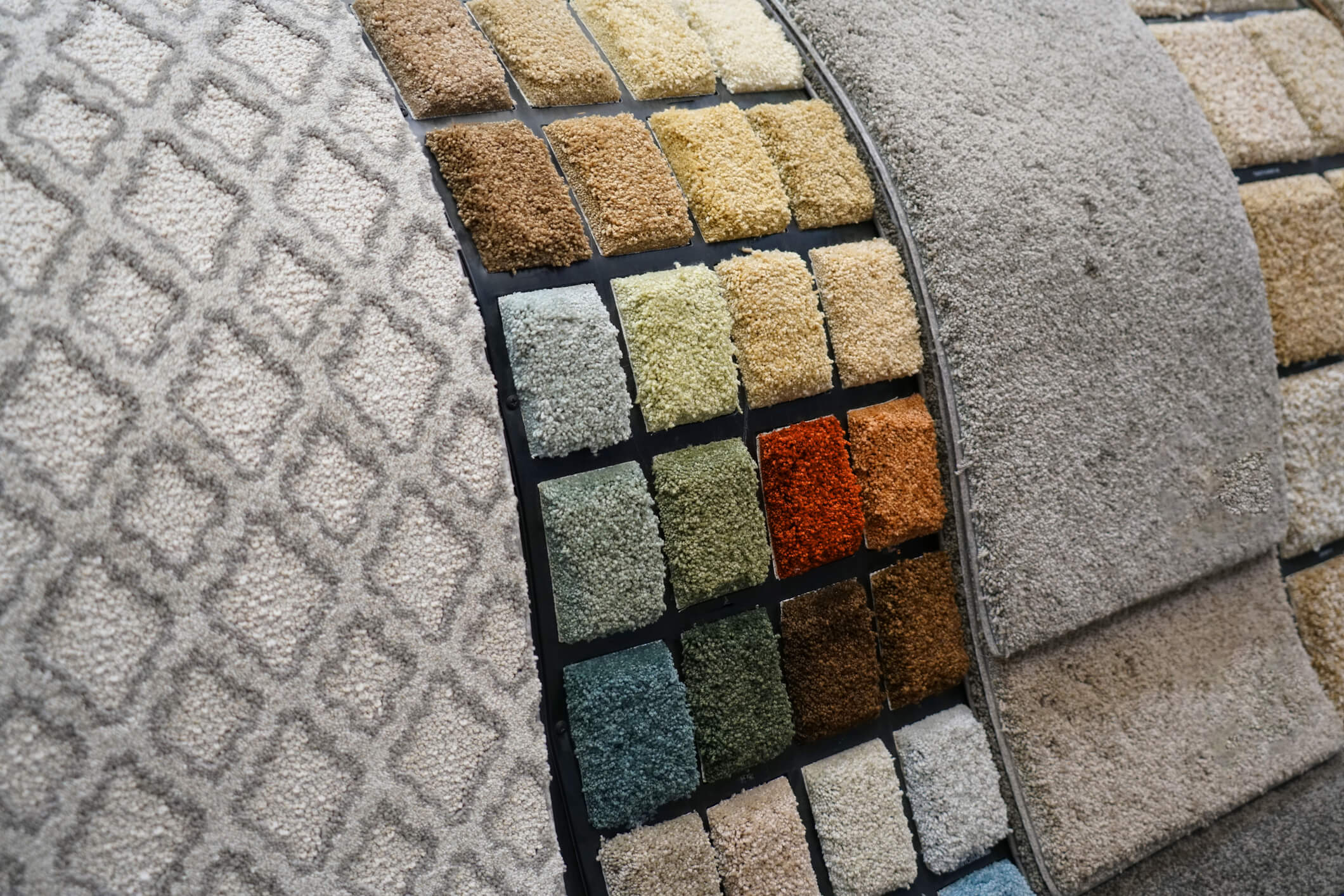 Colorful carpet samples in a store